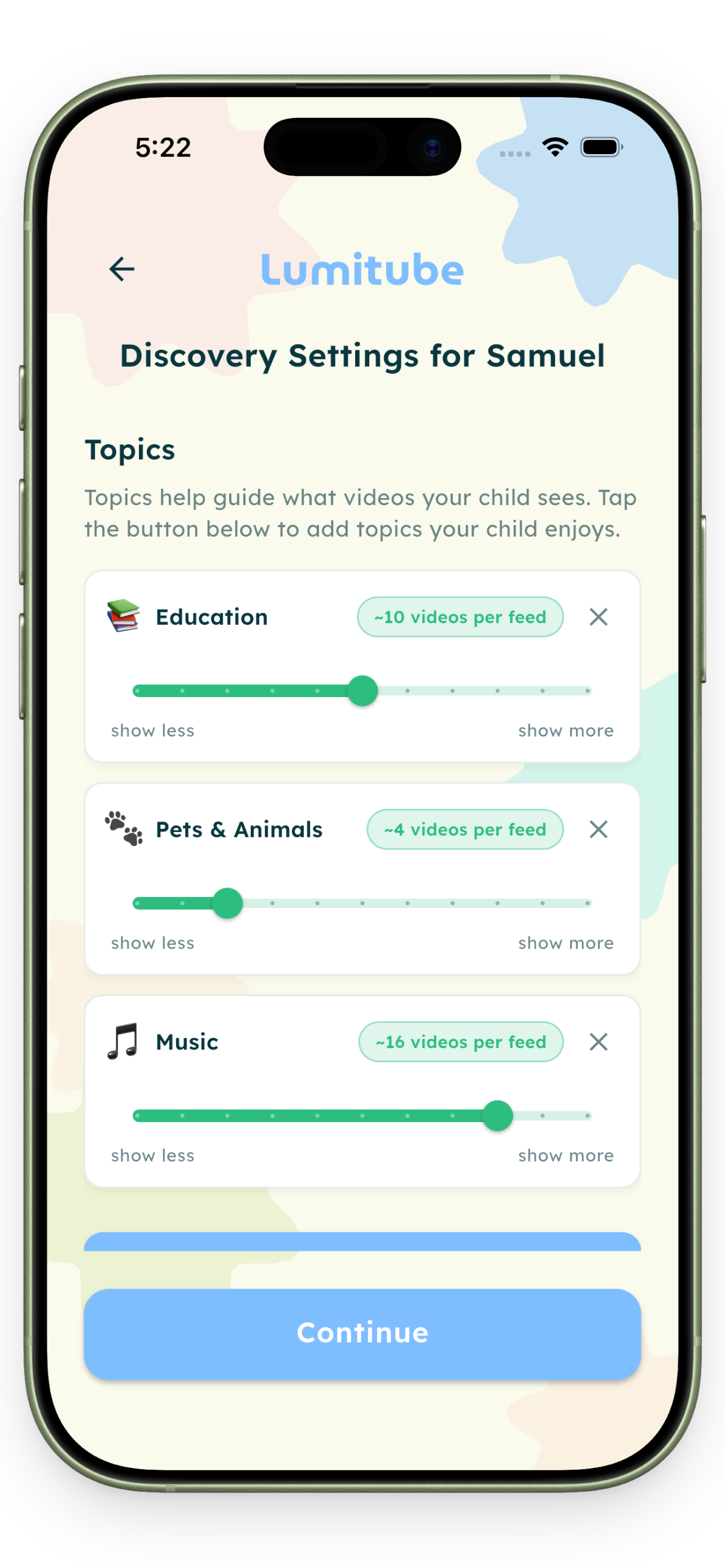 LumiTube App Screenshot - Content Settings